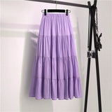 Wjczt Summer Stitching Cotton and Linen Skirt Elegant Elastic High Waist Ruffles Pleated All-match A Line Skirt Casual Beach Holiday