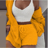 Wjczt Three Piece Sexy Fluffy Outfits Plush Velvet Hooded Cardigan Coat+Shorts+Crop Top Women Tracksuit Sets Casual Sports Sweatshirt