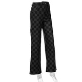 Wjczt Plaid Checkerboard Print Women High Waist Wide Leg Jeans Straight Pants Loose Casual Streetwear 2021 Summer Trousers