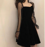 Wjczt Long Sleeve Dress Women Korean-style Vintage Elegant Mesh Square-collar Club-wear Mini Dresses Sexy Lady A-line High-waist Slim