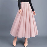 Wjczt Women 2021 Spring Autumn Solid Gauze Mesh High Waist Slim Long Skirt Sweet Pleated A-line Ball Gown Elegant Casual