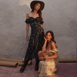 Wjczt Summer Floral Off Shoulder Puff Sleeve Maxi Dress For Woman Robe Sexy Lace Up Side Split Chic Mid-Calf Aesthetic Dress