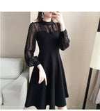 Wjczt Long Sleeve Dresses Women Black Lace Patchwork Casual Office Ladies Elegant Slim Party Spring Vestidoes Chic Mid-Calf Vintage