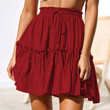 Wjczt Summer Short Skirts Women Vintage Ruffled Mini Skirt with Sashes Casual Boho Pleated A Line Holiday Beach Wear