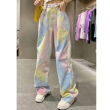 Wjczt Retro Jeans for Women High Waist Female Tie Dye Hip hop Wide Leg Denim Jeans Streetwear Women Loose Denim Trousers New