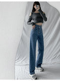 Wjczt Casual Fashion Straight Leg Women's Jeans Denim Bottom Y2K Harajuku Boyfriend Long High Waist Baggy Jean Fall Pants Blue