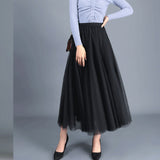 Wjczt Women 2021 Spring Autumn Solid Gauze Mesh High Waist Slim Long Skirt Sweet Pleated A-line Ball Gown Elegant Casual