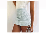 Wjczt 2022 Women Summer Sexy Knit Skinny Solid Drawstring Pleated Buttocks Skirt Casual Elegant High Waist  Party Club