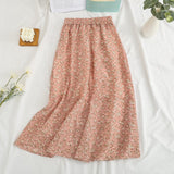 Wjczt Summer Long Skirts for Women Boho Elegant Floral Print Pleated A Line Skirt Korean Harajuku Chic Simple Midi Chiffon Skirts