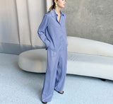 Wjczt Blue Elegant 2 Piece Women Pantsuit Office Satin Outfits Button Shirts And Wide Legs Long Pants Oversize Suit Ladies