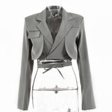 Wjczt Gray Double Layer Bandage Slim Blazer Women Long Sleeve Pocket Short Jacket Female Notched Collar Outwear Tops New