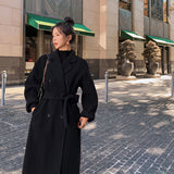 Wjczt Korea Women Spring Autumn Black Loose Long Wool Coat Jacket Belt Woolen Overcoat Split Hem Cardigan Outerwear 3XL