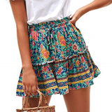 Wjczt Summer Short Skirts Women Vintage Ruffled Mini Skirt with Sashes Casual Boho Pleated A Line Holiday Beach Wear