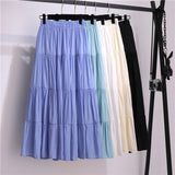 Wjczt Summer Stitching Cotton and Linen Skirt Elegant Elastic High Waist Ruffles Pleated All-match A Line Skirt Casual Beach Holiday