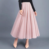 Wjczt Women 2021 Spring Autumn Solid Gauze Mesh High Waist Slim Long Skirt Sweet Pleated A-line Ball Gown Elegant Casual