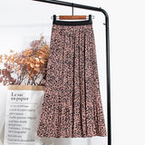 Wjczt Women Vintage Leopard Print A Line Skirt Women Y2K High Waist Elastic Midi Skirts Harajuku Pleated Long Skirt Streetwear