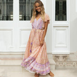 Wjczt Summer New Pink Boho Printed V-neck High Waist Tassel Summer Beach Dress Tunic Women Streetwear Maxi Dresses