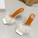 Wjczt Size 35-41 Sexy Strange Transparent Heels Slippers Fashion Fur Feather Summer Sandals Peep Toe Slip-On Clear Shoes Women Slides