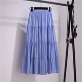 Wjczt Summer Stitching Cotton and Linen Skirt Elegant Elastic High Waist Ruffles Pleated All-match A Line Skirt Casual Beach Holiday