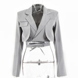 Wjczt Gray Double Layer Bandage Slim Blazer Women Long Sleeve Pocket Short Jacket Female Notched Collar Outwear Tops New