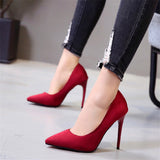 Wjczt Plus Size 35-44 Concise Flock Woman Shoes Shallow Fashion Thin High Heels Women Pumps Pointed Toe Black Red Ladies Wedding Shoes