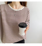 Wjczt Loose Long Sleeve Striped Hoodie Women Autumn O-Neck Casual Cotton Hoodies Sweatshirt Female Basic Korean Tops Harajuku