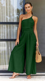 Wjczt Waist Folds Backless Double Strap Casual Wide Leg Jumpsuit Long Pants Green New Female Loose  Jumpsuit