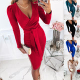 Wjczt Sexy Deep V Neck Bodycon Dress Autumn Women Long Sleeve Lace-up Party Dresses Ladies Split Dress Clubwear Vestidos De Noche