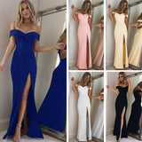 Wjczt New Summer Elegant Party Dresses Evening Sexy Blue Slim Maxi Dress Slash Neck Off Shoulder Wedding Guest Elegant Dress for Women