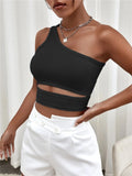 Wjczt Sexy Solid Cut Out One Shoulder Rib Knit Crop Top Women Summer Club High Street Style Backless Tank Top Y2K Clothes 2023