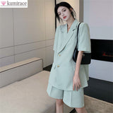 Wjczt Elegant Women's Pants Suit Female Office Tracksuit Blazer Summer Thin Casual Loose Short Sleeve Jacket Shorts Two Piece Set