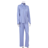 Wjczt Blue Elegant 2 Piece Women Pantsuit Office Satin Outfits Button Shirts And Wide Legs Long Pants Oversize Suit Ladies