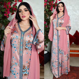 Wjczt Traditional Festival Ramadan Eid Gorgeous Party Style New Satin Rayon Pink Diamond VNeck Muslim Print Dress Jalabiya Women Ab156