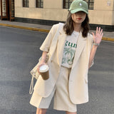 Wjczt Elegant Women's Pants Suit Female Office Tracksuit Blazer Summer Thin Casual Loose Short Sleeve Jacket Shorts Two Piece Set