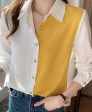 Wjczt Korean Fashion Hit Color Patchwork Loose Blouse Elegant Chiffon Tops Office Lady Spring Summer Chic Button Up Shirts Tunics