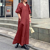 Wjczt Women Casual V Neck Solid A-Line Vestido 2022 Fashion Long Puff Sleeve Sundress Holiday Dress Retro Kaftan Dress Oversize