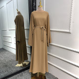 Wjczt Summer Elegant Solid Color Colorful Temperament Long Skirt Ladies Open Shouder Robe Satin Large Size Belt Muslim Woman Abaya