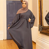 Wjczt Summer Elegant Solid Color Colorful Temperament Long Skirt Ladies Open Shouder Robe Satin Large Size Belt Muslim Woman Abaya