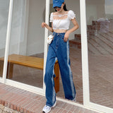 Wjczt 2022 New Spring Autumn Ins Street Hip-hop Wash Jeans Pants Loose Casual Denim Wide Leg Pants Tide Woman Side Stirp Jeans S-5XL