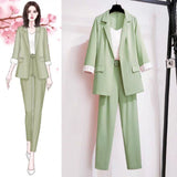 Wjczt 2022 Summer New Elegant Women's Pants Suit Stripe Flanging Long Sleeve Suit Jacket Vest Trousers Three Piece Set Female Blazer