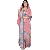 Wjczt Traditional Festival Ramadan Eid Gorgeous Party Style New Satin Rayon Pink Diamond VNeck Muslim Print Dress Jalabiya Women Ab156