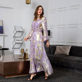 Wjczt Ramadan Eid Dubai Fashion Abayas Autumn Winter New Muslim Gilded Robe Femme V-Neck Printing Chiffon Evening Dress With Belt Plus