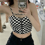 Wjczt Black White Plaid Crop Top Women Design Zipper Camisole Slim Sexy Tank Top French Chic Sports Bandeau Girl Summer 2022 New