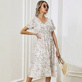 Wjczt Floral Print Shirred Waist Flared Hem Dress Summer Women Holiday Short Sleeve V-neck A-line Long Dress Robe Femme