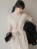 Wjczt Women Clothing Fashion Turtleneck Knitted Dress 2022 Autumn Winter New Lace-up Waist Sweater Skirt Korean Clothes Women Dresses