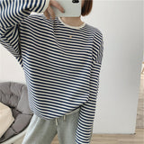 Wjczt Loose Long Sleeve Striped Hoodie Women Autumn O-Neck Casual Cotton Hoodies Sweatshirt Female Basic Korean Tops Harajuku