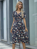 Wjczt Floral Print Shirred Waist Flared Hem Dress Summer Women Holiday Short Sleeve V-neck A-line Long Dress Robe Femme