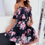 Wjczt Sexy Spaghetti Strap Woman Dress Summer Floral Print Off Shoulder Sundress Elegant Chiffon A-Line Beach Boho Dresses Vestidos