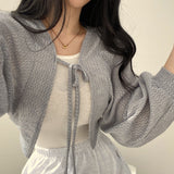 Wjczt Thin White Cardigan Bandage Lantern Sleeve Short Coat Pull Femme Knitwear Top Girl Cardigan Korean Style Casual T Shirt