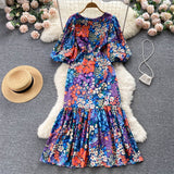 Wjczt Korean Vintage Flower Printed Dress Women Puff Sleeve High Waist Celebrity Long Calf Dress Elegant Ladies Sheath Mermaid Dresses